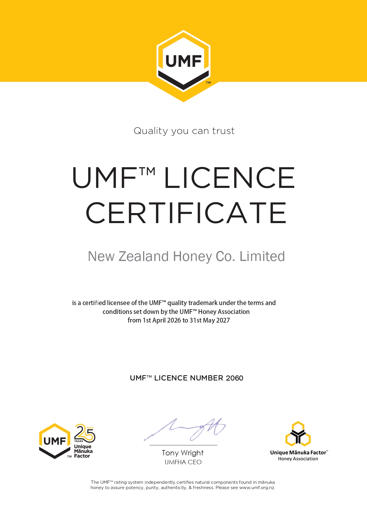 UMF Licence Certificate from New Zealand Honey Co. Limited. Quality you can trust!
