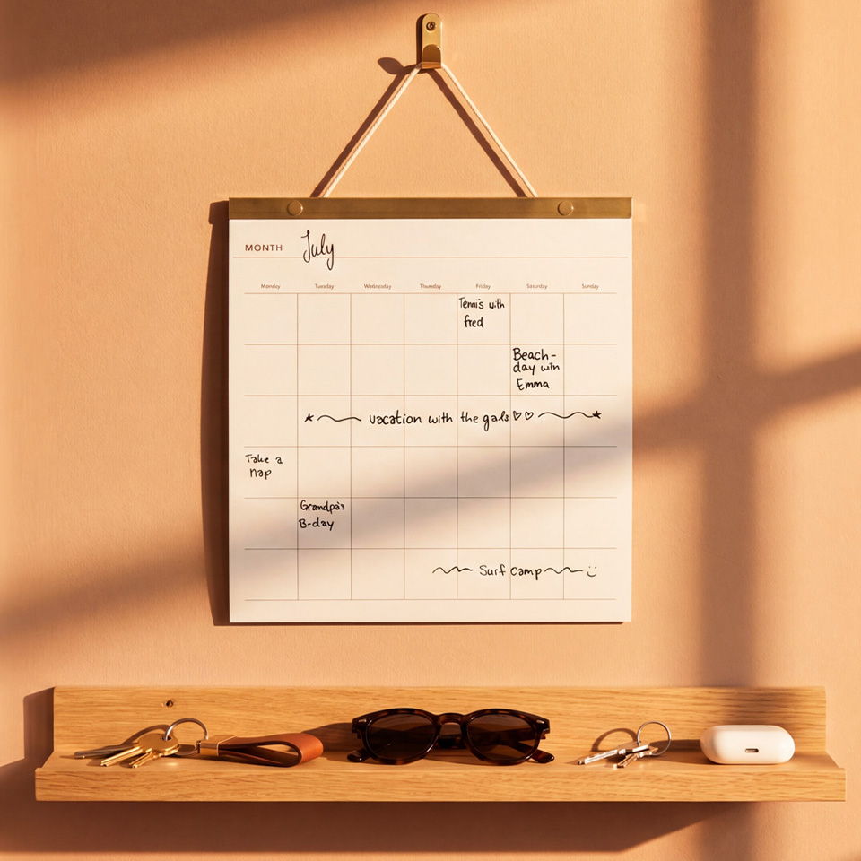 A wall calendar for July hanging above a wooden shelf with items.