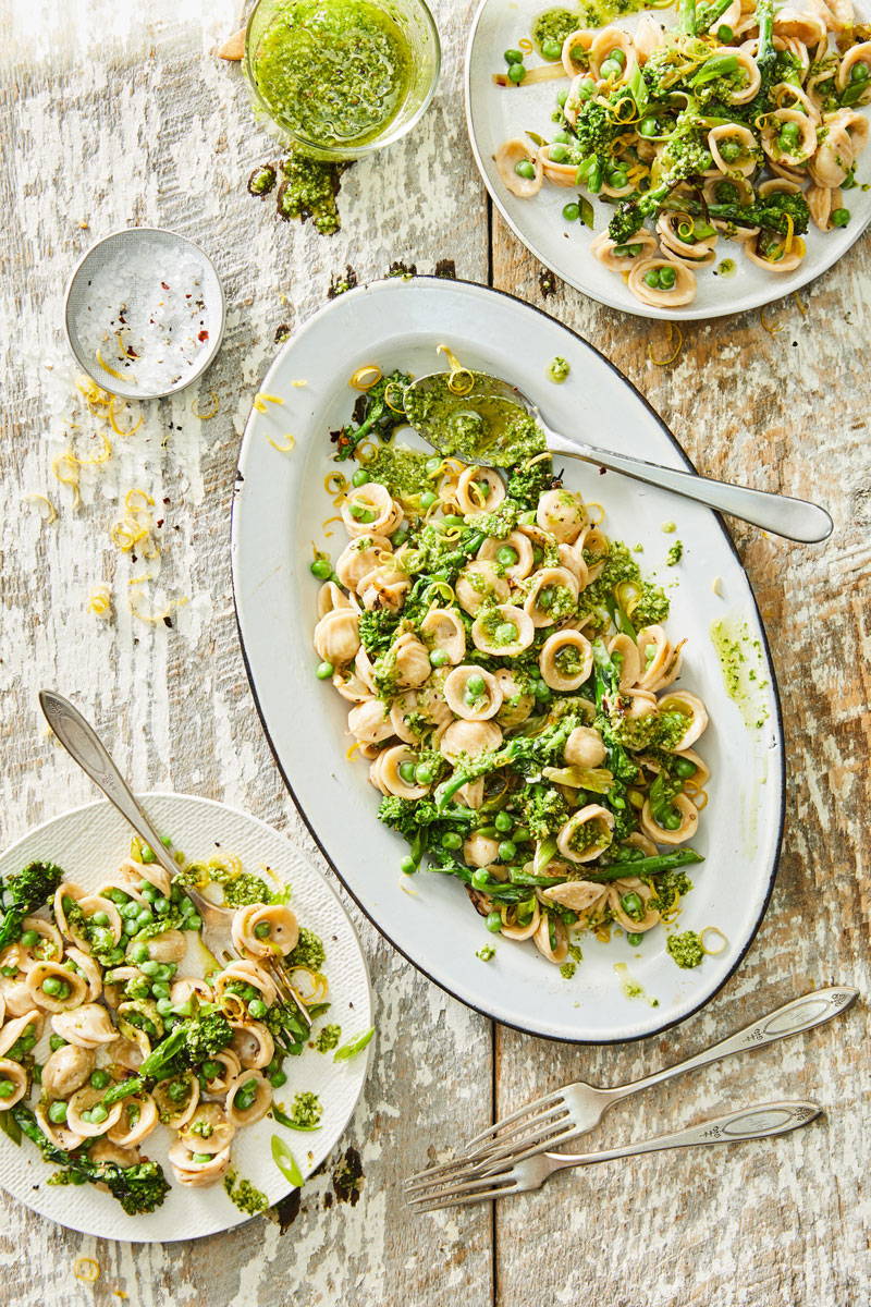 Orecchiette pasta with beans and pesto on serving plate