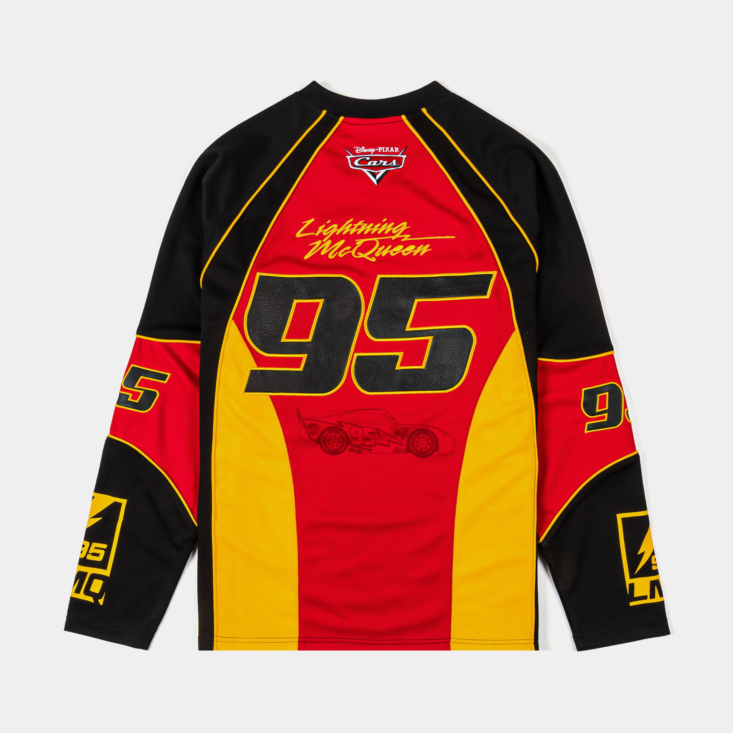 Long-sleeve jersey in red, black, and yellow with logo and graphics.