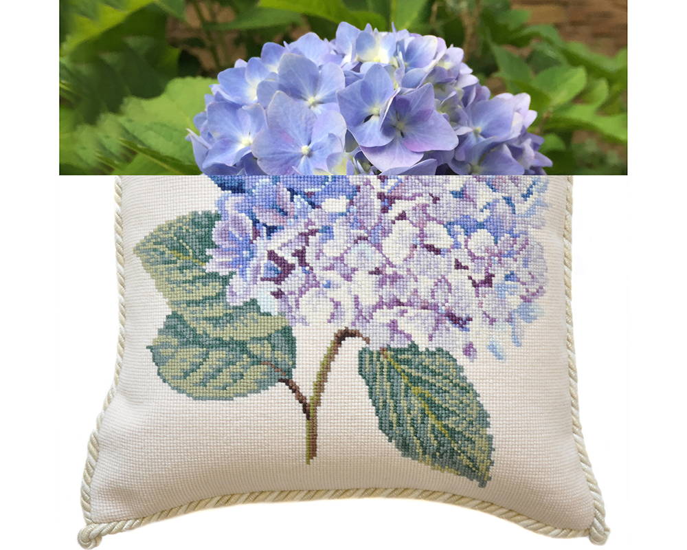The Blooms Hydrangea pillow with actual hydrangea