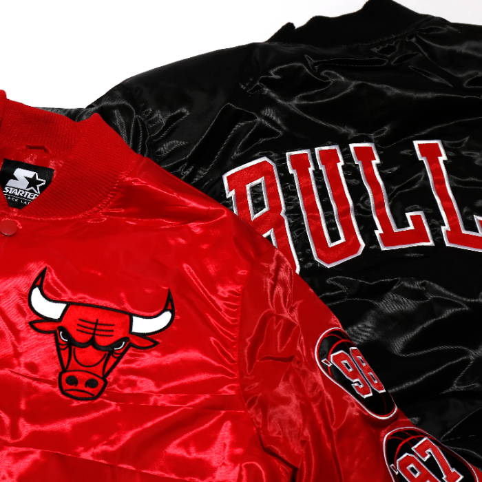close up of red and black bulls jackets
