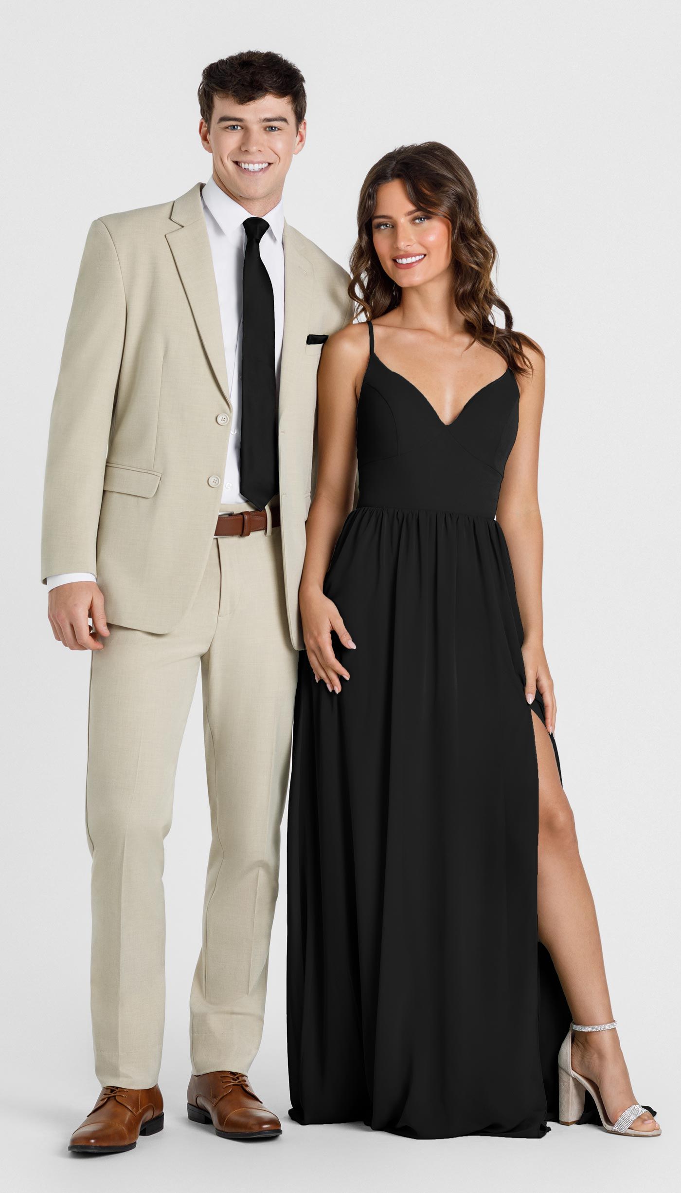 tan suit with black bridesmaid dress