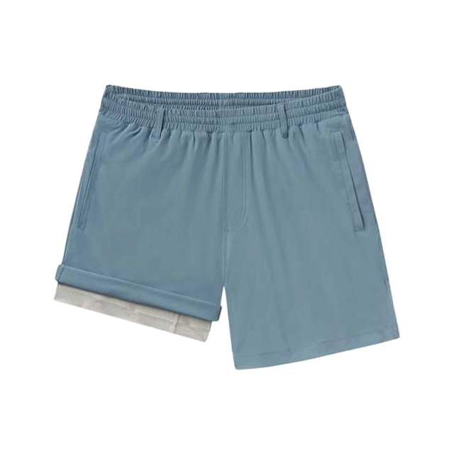 Blue athletic shorts with an elastic waistband and pockets.