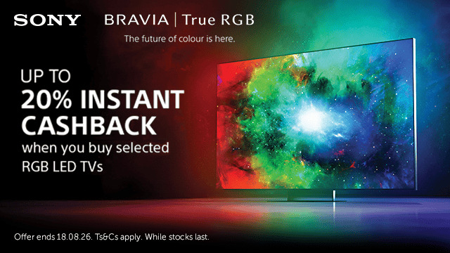 Sony Bravia advertisement promoting cashback on selected RGB LED TVs.