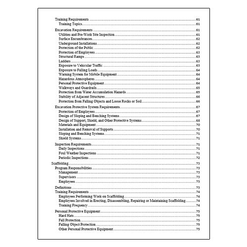 Construction Safety Plan Table of Contents