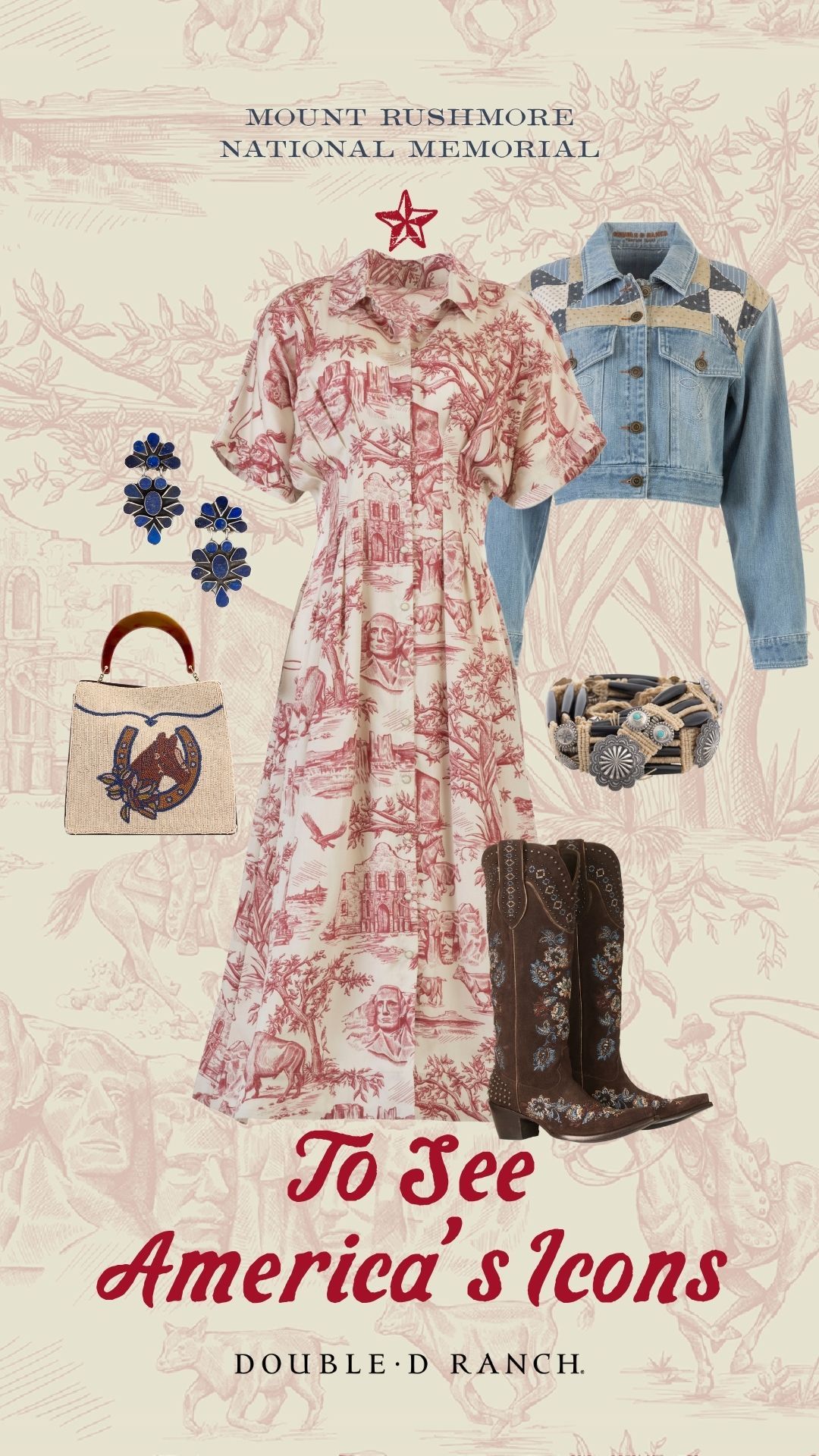 America the Beautiful Toile Dress with the Heirloom Blues Jacket and DeWitts Damask Boot with Double D Ranch Accessories
