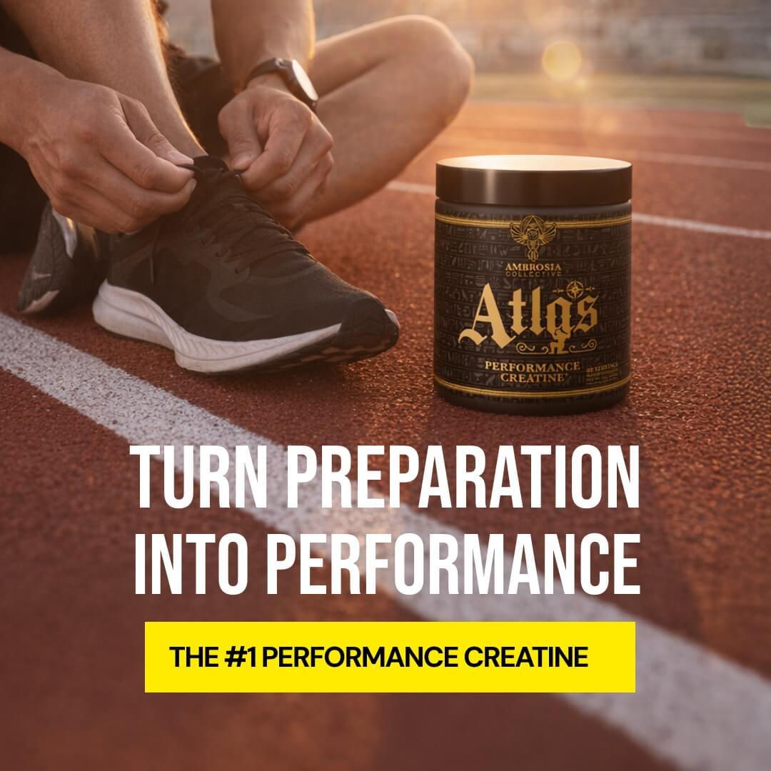 Person tying shoelaces next to a container of performance creatine.