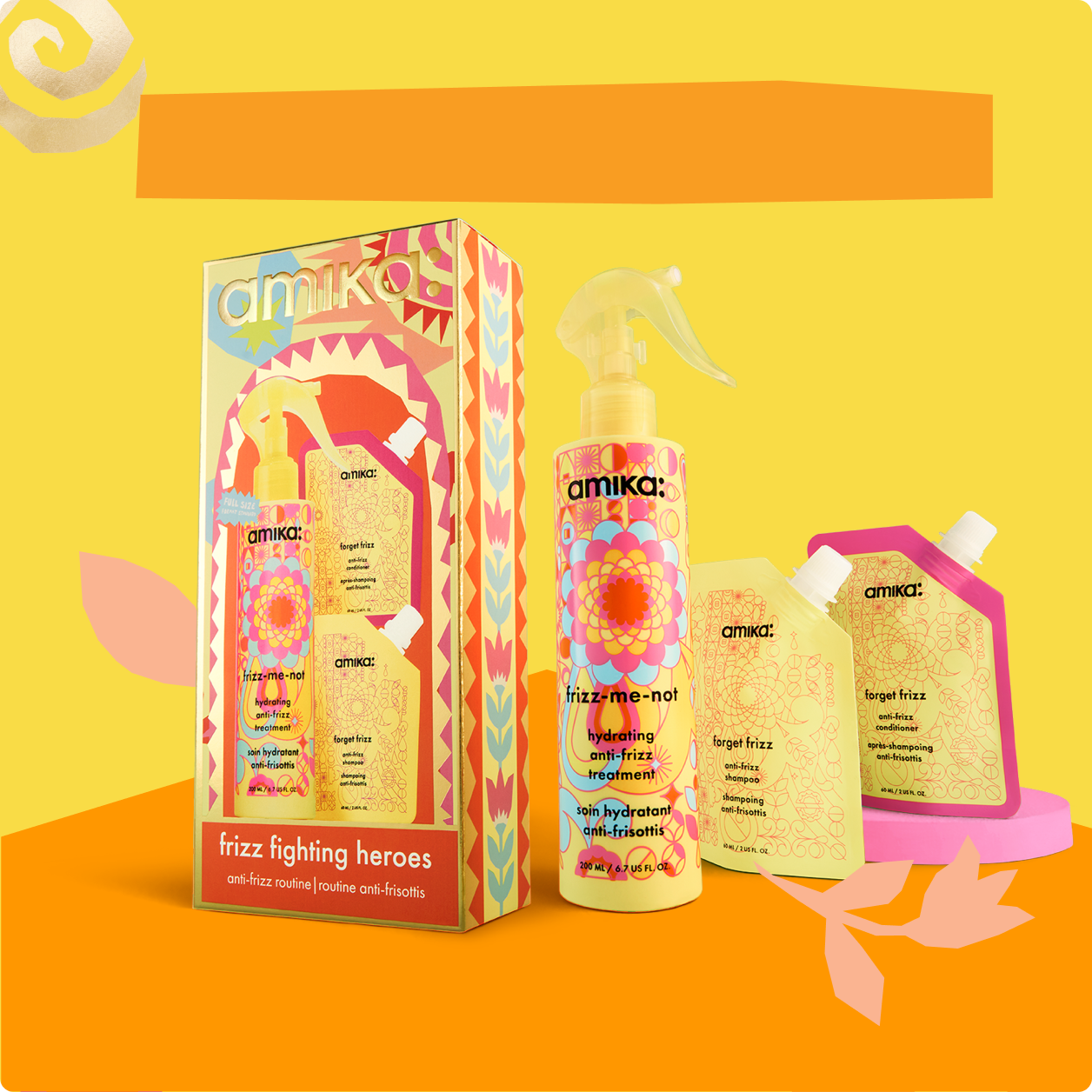 Colorful hair care products displayed on a vibrant background.