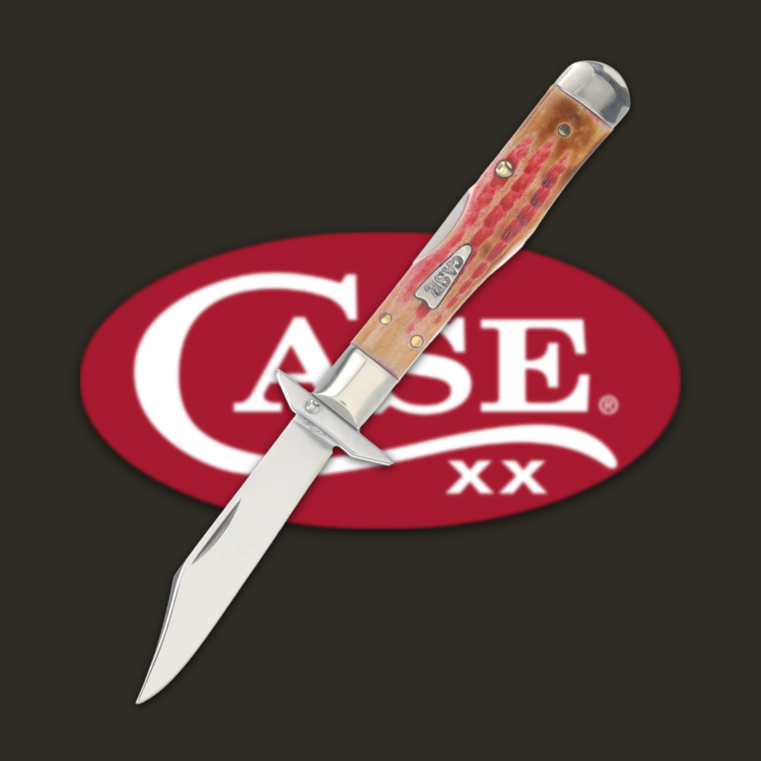 A Case XX knife with a wooden handle on a dark background.