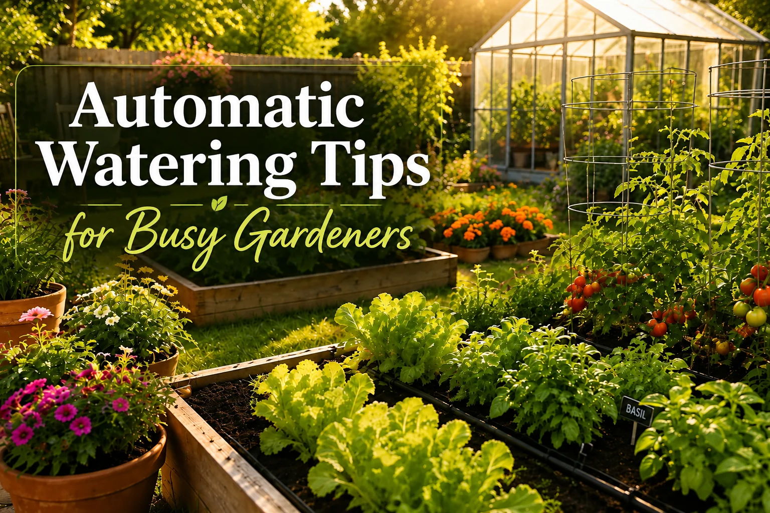 Automatic watering tips for busy gardeners with vibrant plants and greenhouse.