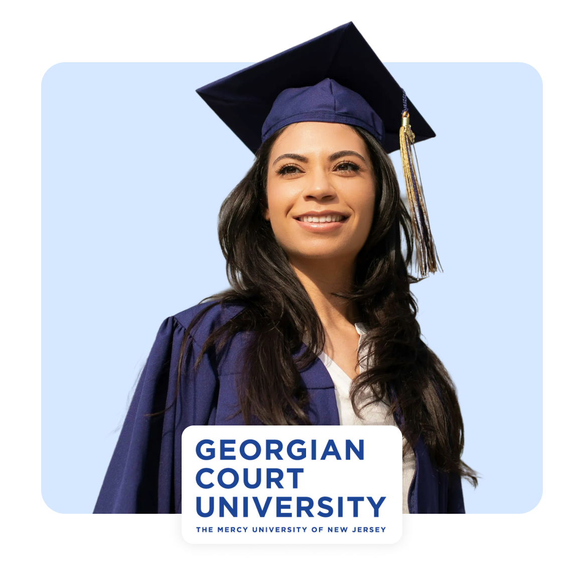 Smiling graduate in cap and gown, Georgian Court University logo below.