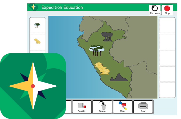 Map interface for educational expedition featuring various geographic icons.