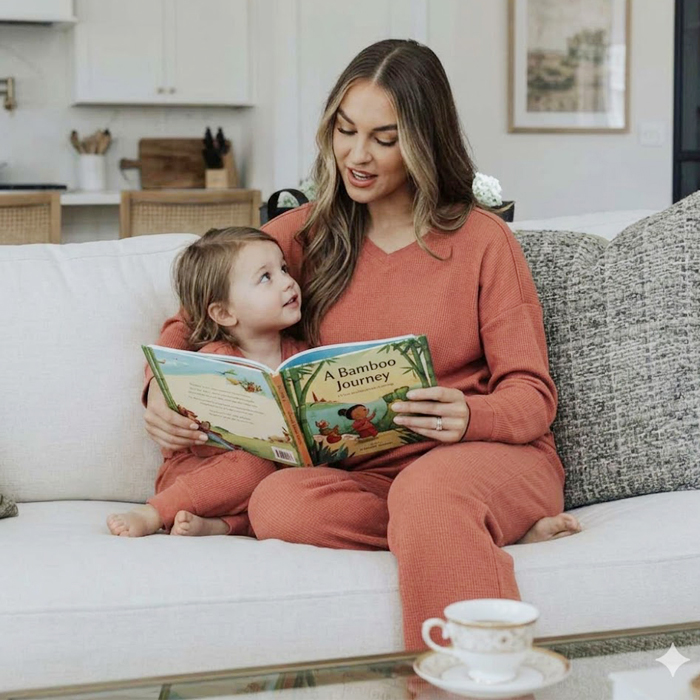 a woman wearing waffle knit loungewear