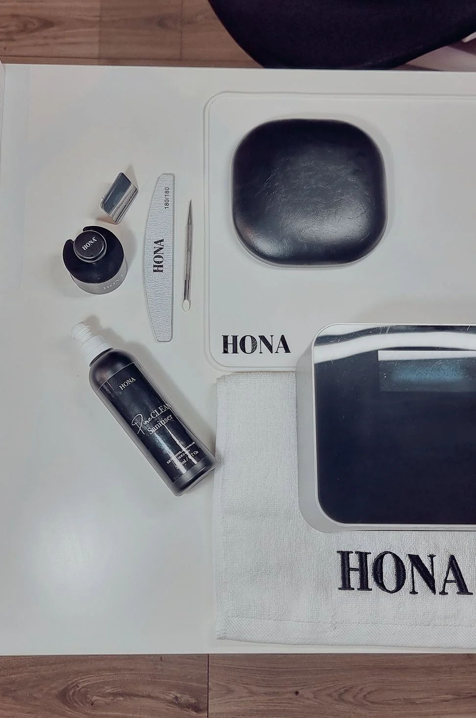 Various grooming products and tools arranged on a table.