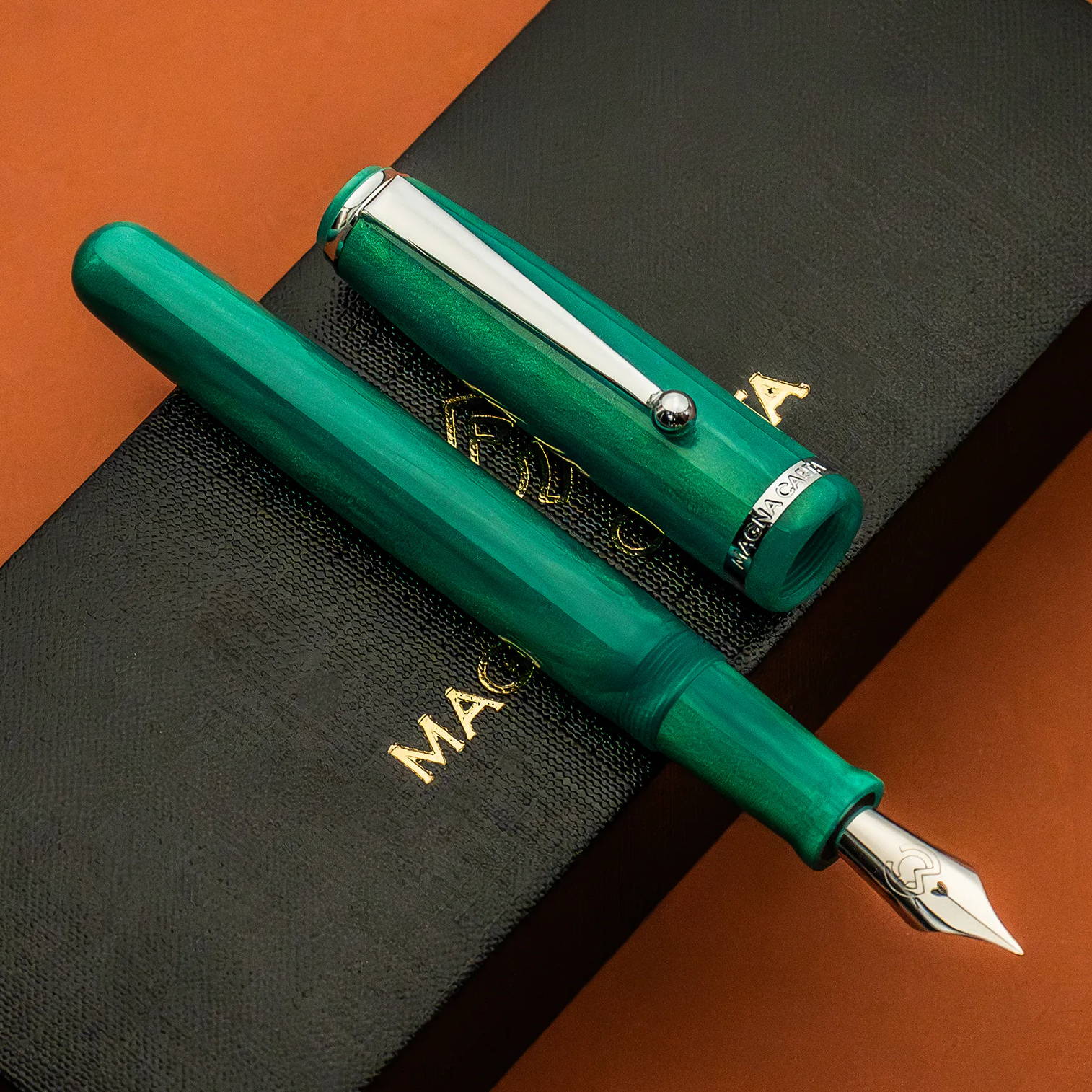 Magna Carta Liberty Pearl Green pearlescent fountain pen with a stainless steel flexible nib and ebonite feed