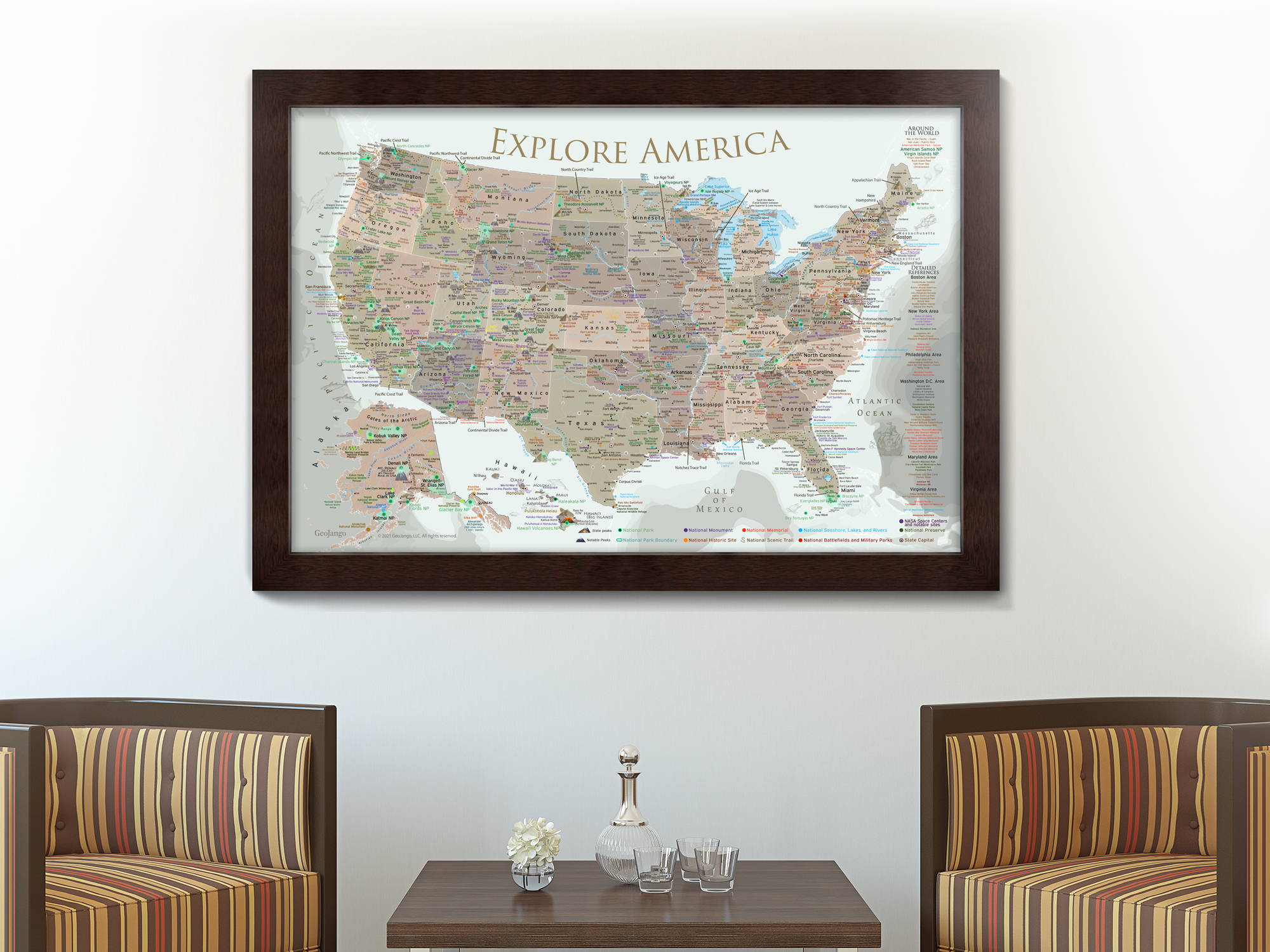 customized us map with push pin in a stylish frame