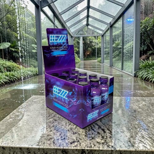 Display of a supplement box in a glass corridor with greenery.