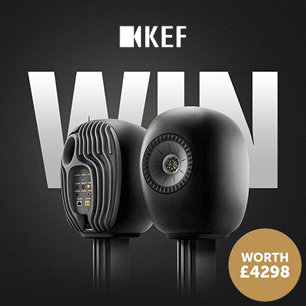 KEF speakers with promotional text and a prize value of £4298.