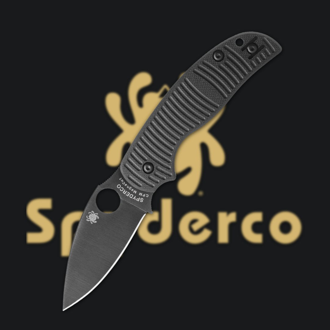 Black folding knife with textured handle and Spyderco logo background.
