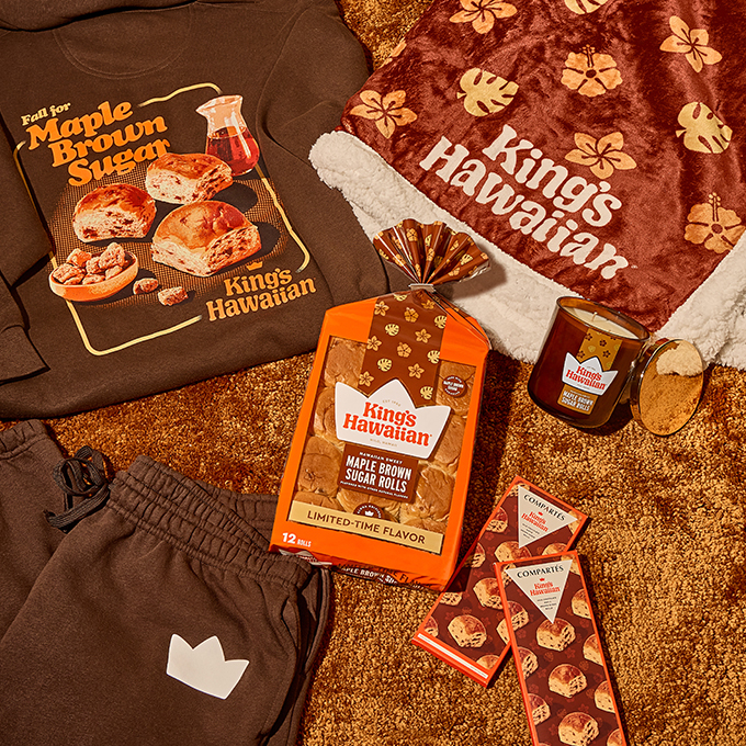 Assorted food items and merchandise from King's Hawaiian on a textured background.