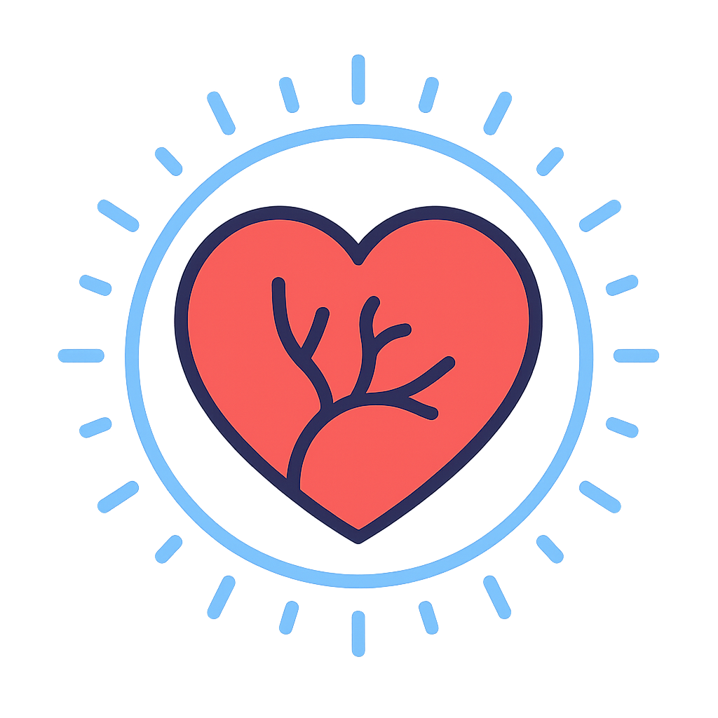 Heart symbol with branches, surrounded by a circular sunburst design.