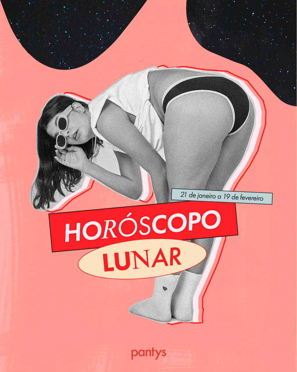 mulher usando calcinha absorvente pantys abaixada e segurando seu óculos, e a frente tem o letreiro de horóscopo lunar
