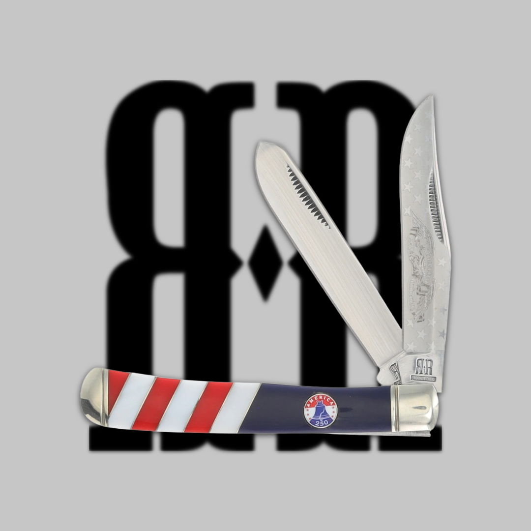 A folding knife with a red, white, and blue handle on a gray background.