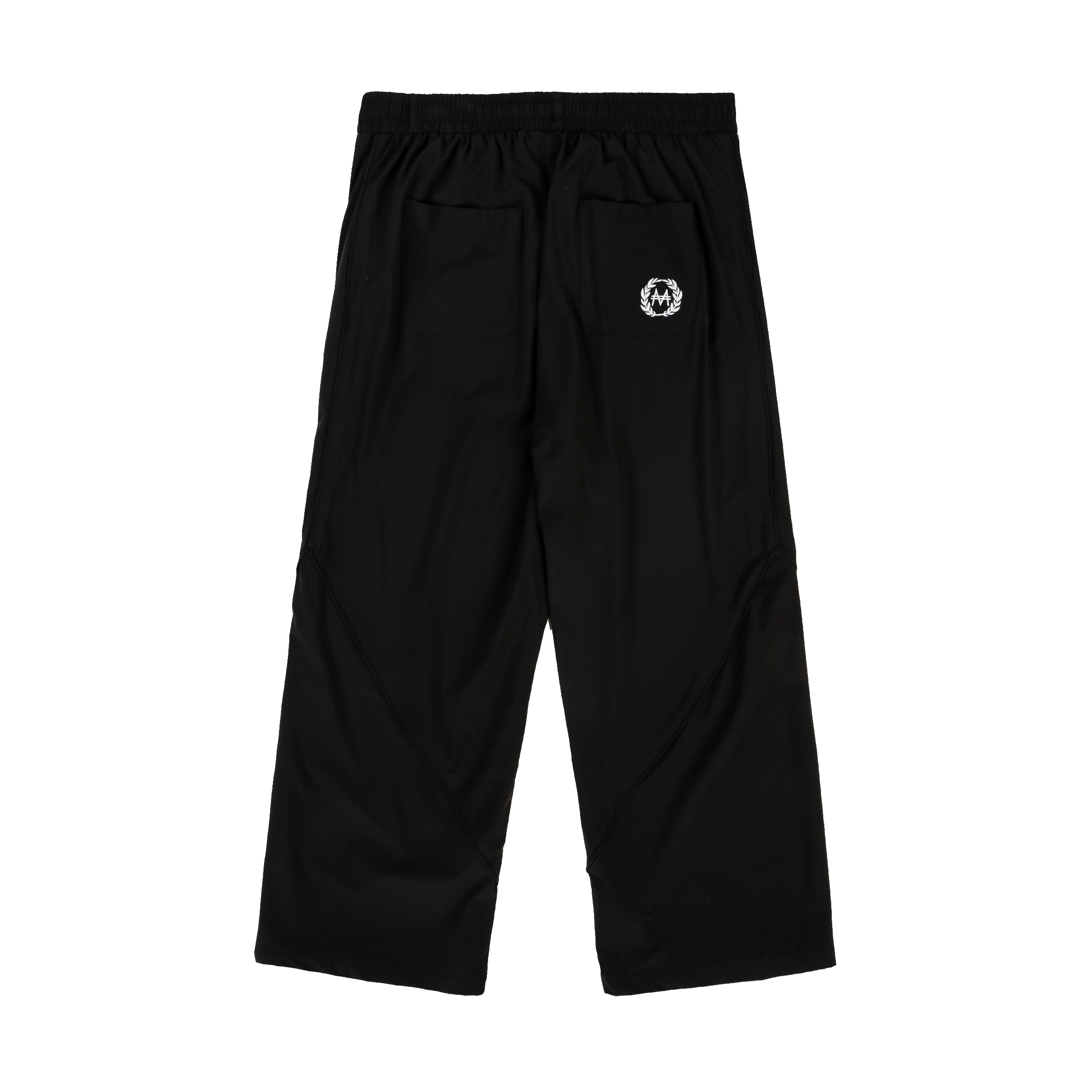 Black athletic pants with an elastic waistband and logo.