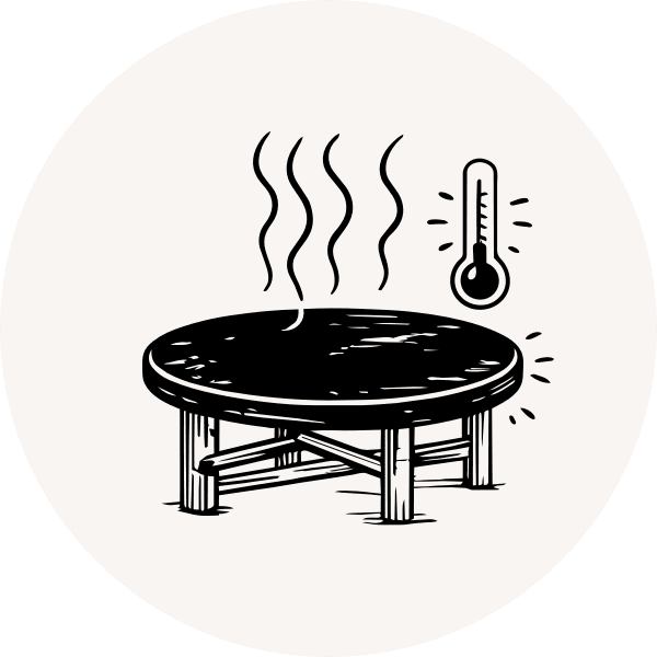 Dark outdoor table illustration with heat waves and thermometer, representing dark surfaces that absorb heat and become uncomfortable in Arizona sun.