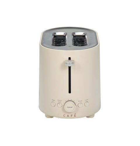 A cream-colored toaster with two slots on top.