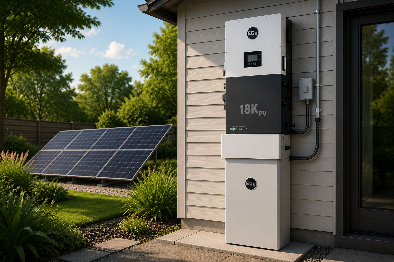 Home solar panel system with energy storage unit beside a house.