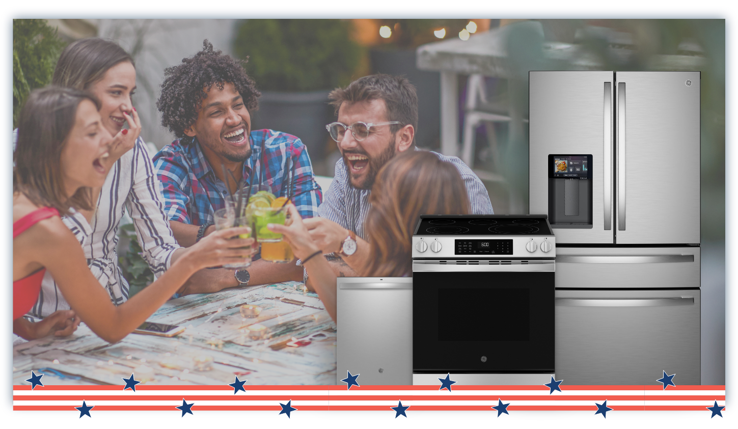 Group of friends enjoying drinks with kitchen appliances in the background.
