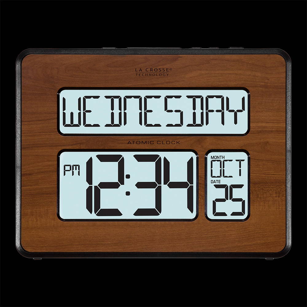 513-1419BL-WA Atomic Digital Wall Clock with Backlight and Wood Texture