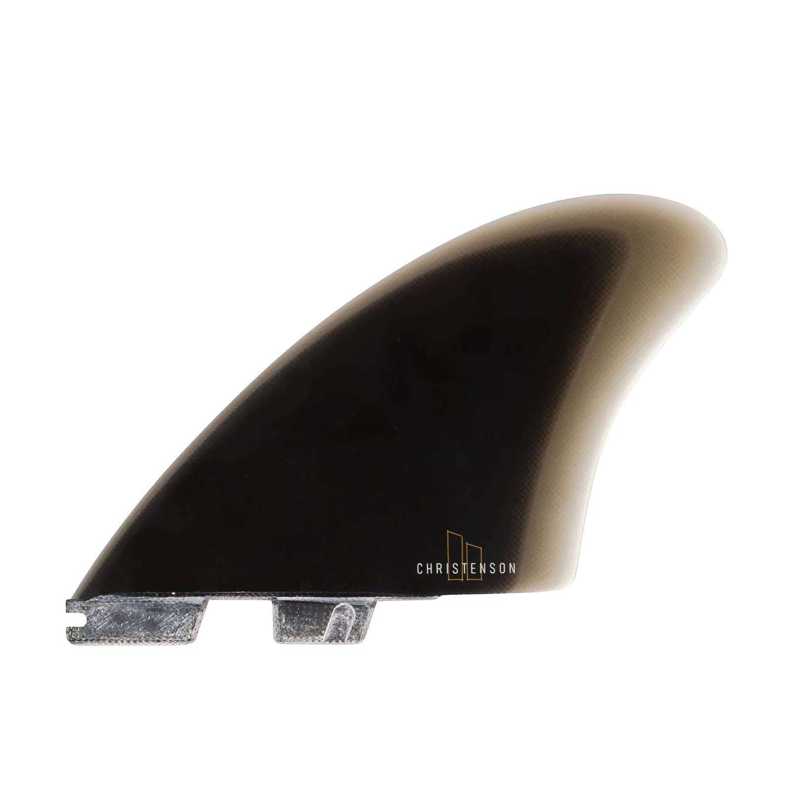 A black surfboard fin with a translucent tip.