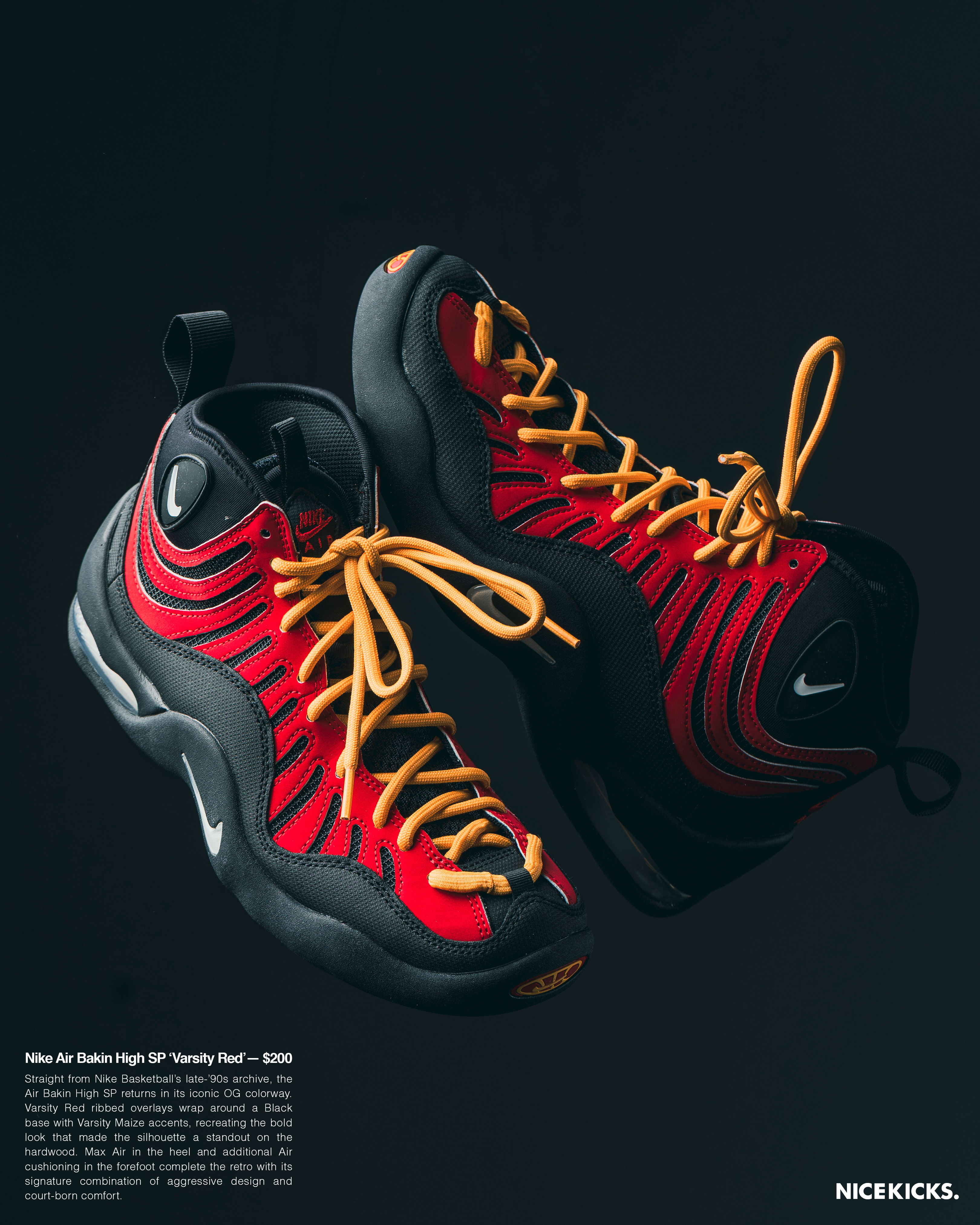 Red and black Nike sneakers with yellow laces on a dark background.