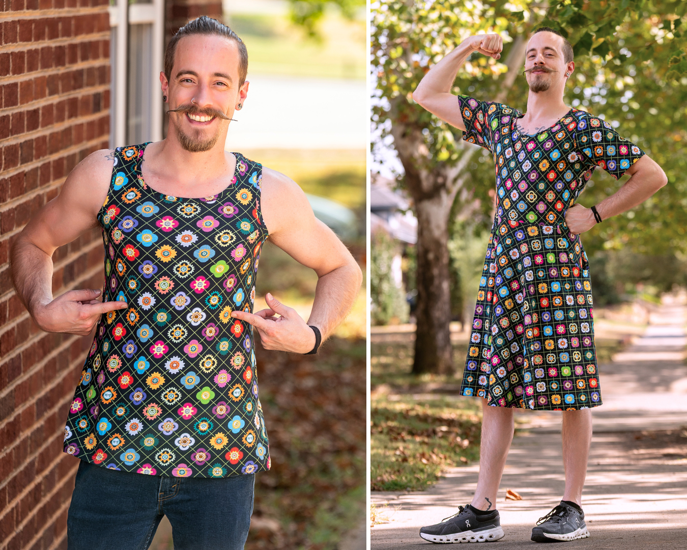 Cortlen shows off the Gears of Revolution print in tank and twirl dress created in collaboration with Svaha