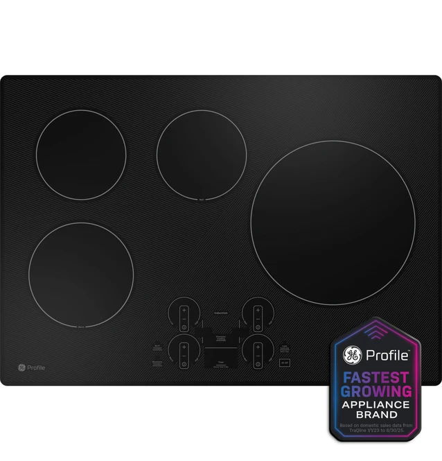 Black electric cooktop with four burners and control knobs.