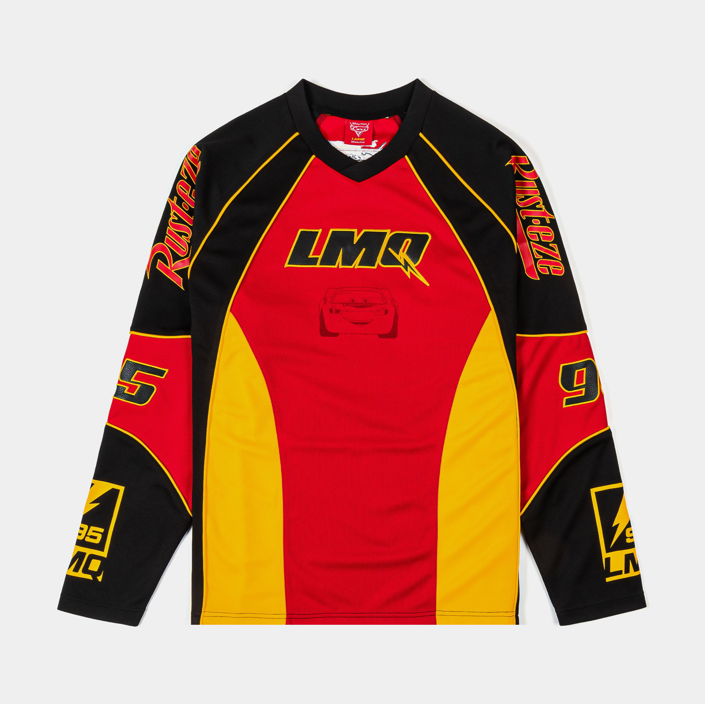Long-sleeve jersey in red, black, and yellow with logo and graphics.