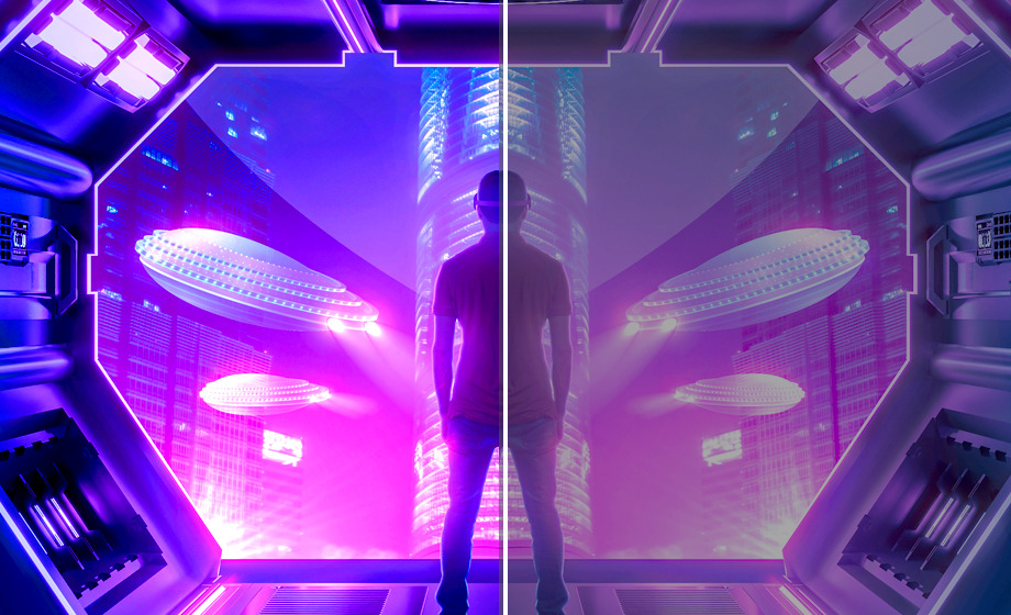 Silhouette of a person in a futuristic, colorful environment with glowing elements.