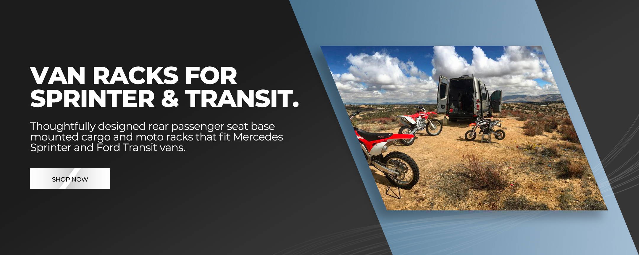 Motorcycle and bicycle racks for Mercedes Sprinter Van and Ford Transit Van.