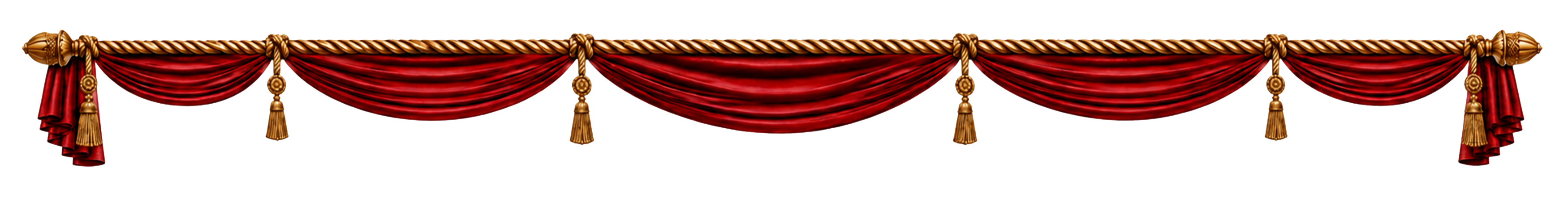 Red velvet curtain with gold tassels, decorative border design.