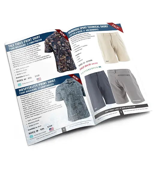 Catalog page featuring shirts and shorts with descriptions and prices.