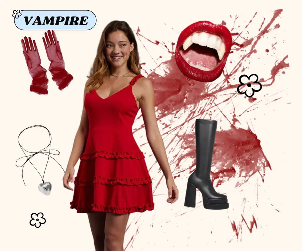 Vampire costume inspiration, fangs, blood, gloves, and Trixxi red ruffle mini dress.