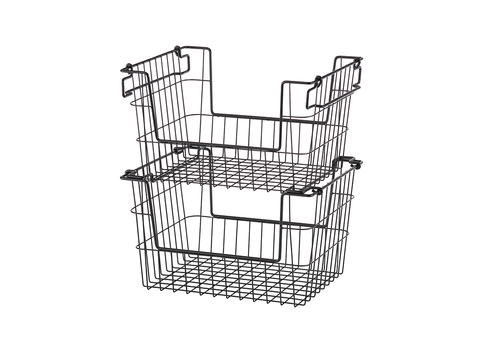 black wire baskets stacked on top of each other 