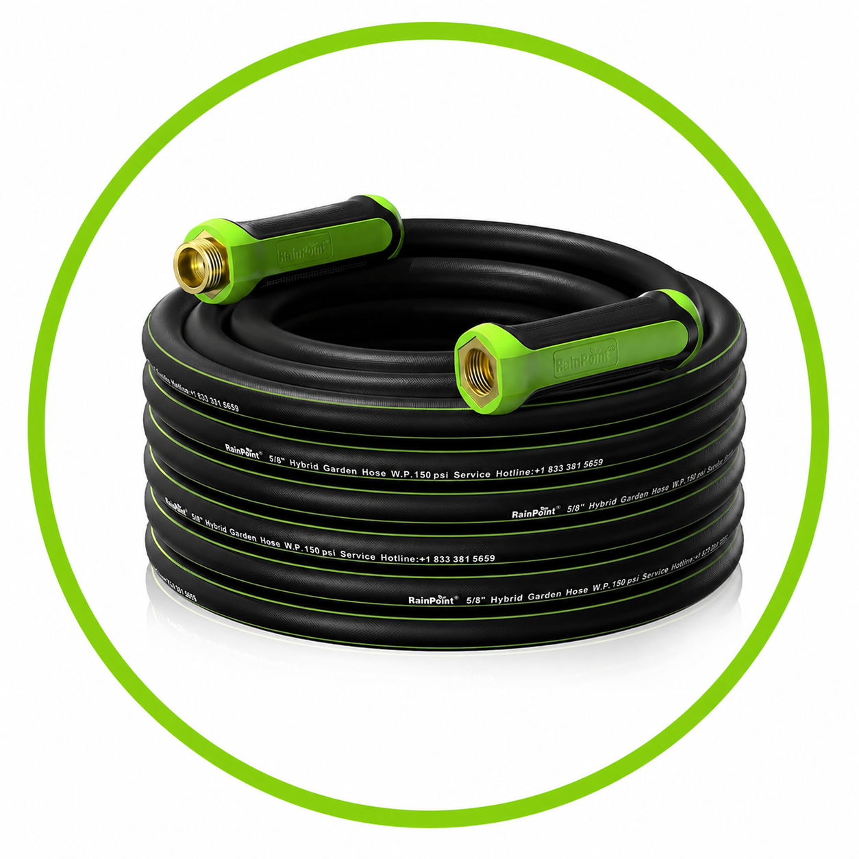 A coiled black garden hose with green connectors.
