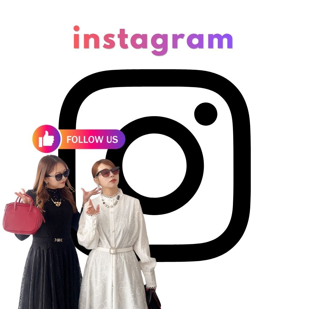 Two fashionable women posing with an Instagram logo and a call to follow.