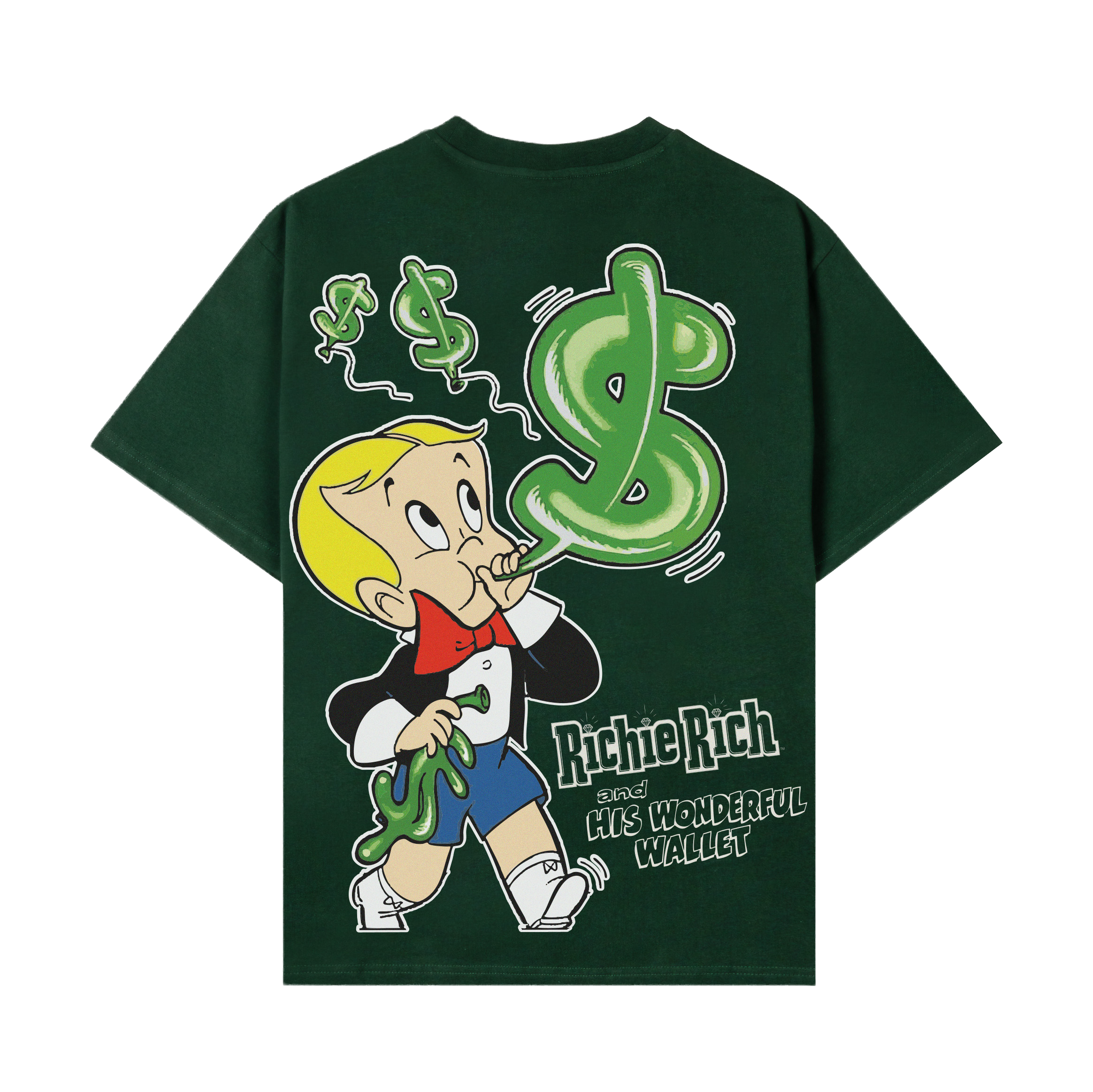 Green t-shirt with decorative designs on the front.