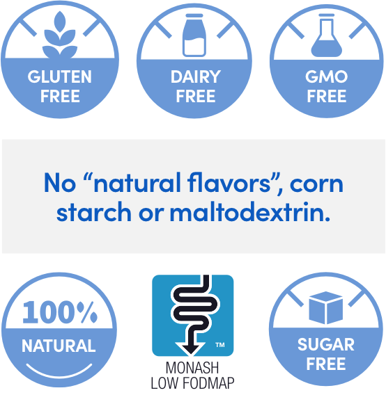 Gluten free, dairy free, GMO free, 100% natural, low FODMAP, Sugar free, no natural flavors, no corn starch, no maltodextrin