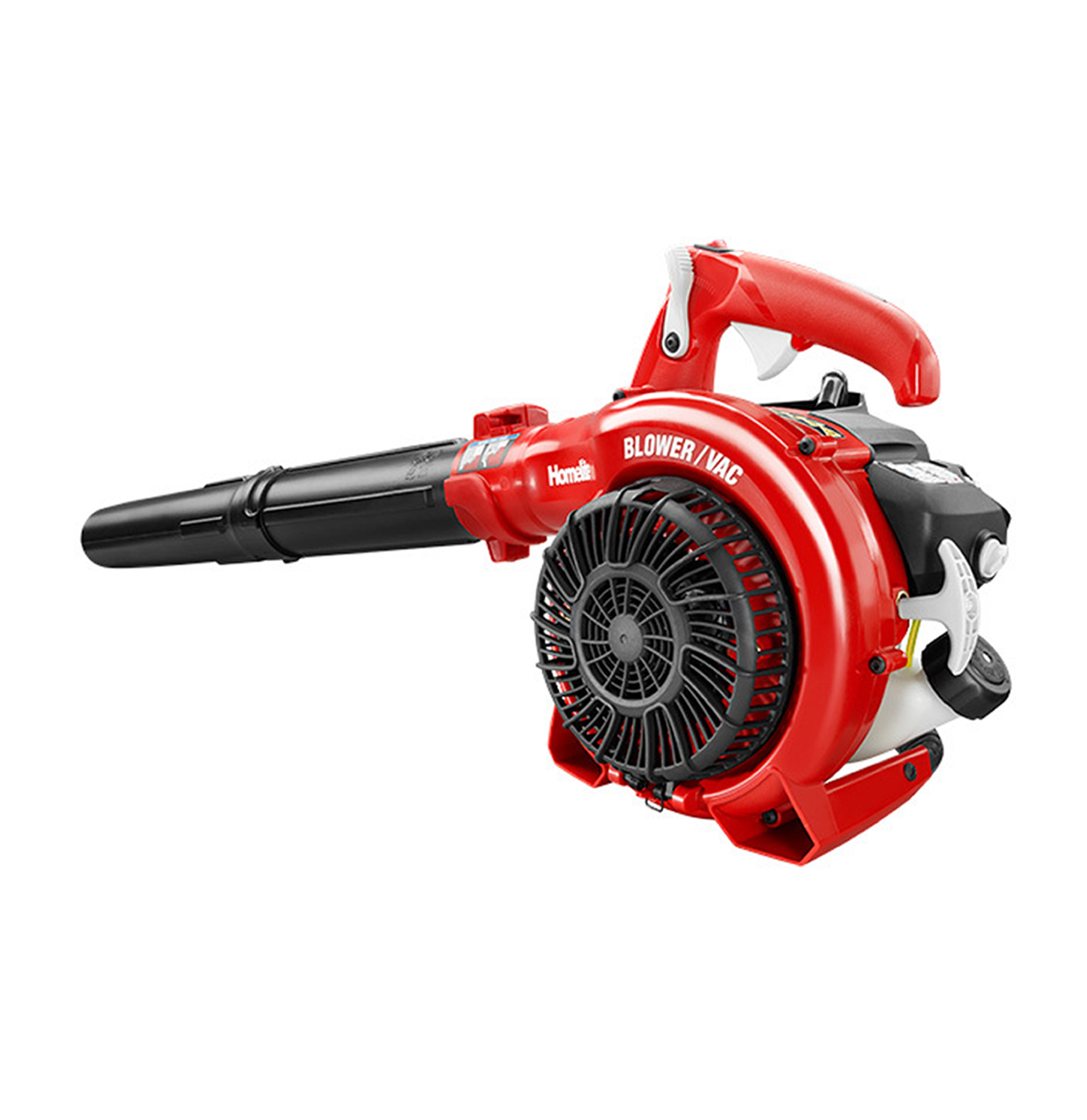 Red and black leaf blower with a curved nozzle and ergonomic handle.